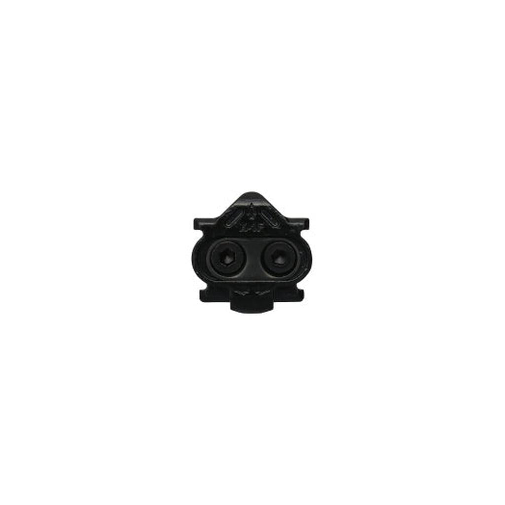 HT Components X1 F cleat in black metal for mountain bike clipless pedals, featuring two screw holes, 8° lateral float, and compatibility with HT X-Series systems, shown from a top view against a plain white background.