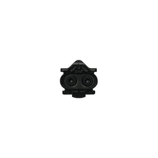 HT Components X1 F cleat in black metal for mountain bike clipless pedals, featuring two screw holes, 8° lateral float, and compatibility with HT X-Series systems, shown from a top view against a plain white background.