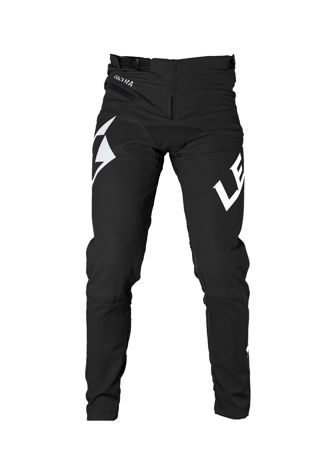 A pair of Lead Ultra Pants adorned with a white logo, designed for reducing drag in fitted race wear.