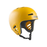 The TSG Dawn Full Cut Helmet in mustard features hardshell construction, black padding, ventilation holes, ear coverage, and an adjustable chin strap, shown on a white background.
