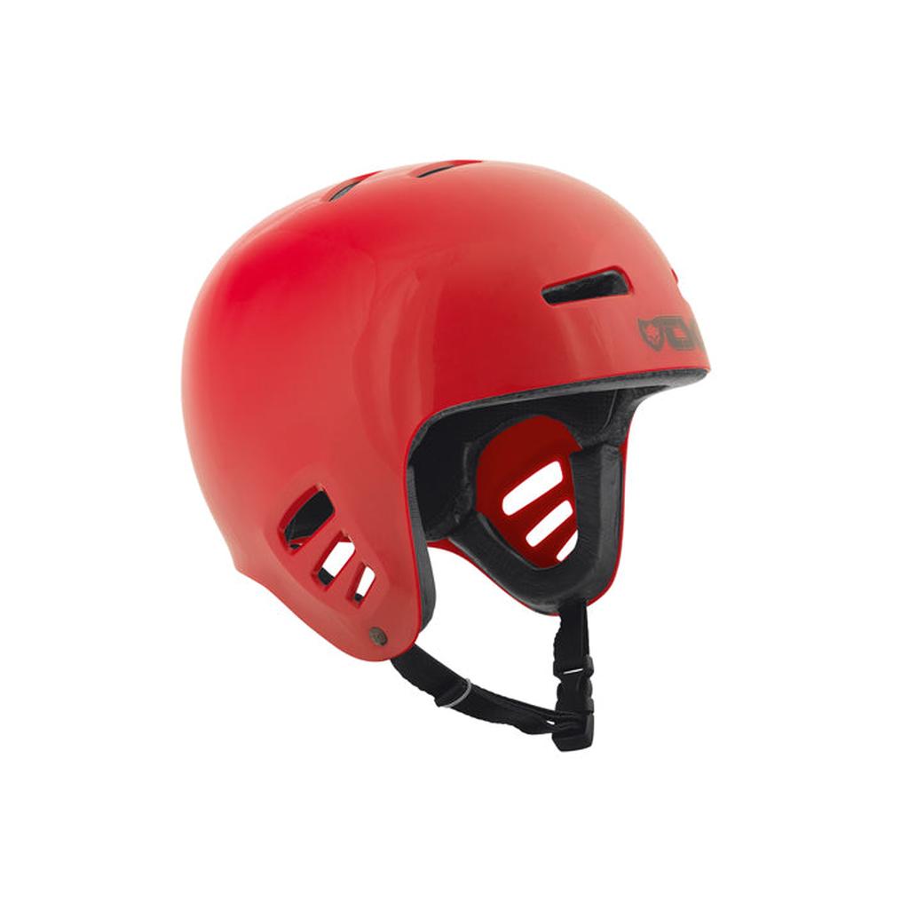 The TSG Dawn Flex Full Cut Helmet in red features a glossy finish, hardshell construction, ventilation holes, and an adjustable black chin strap for skateboarding safety.