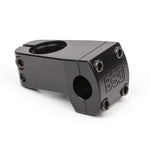 The BSD Dropped Front Load Stem is a black metal BMX stem made from 6061-T6, with the logo engraved on the front plate, four front-facing bolts, and two side clamps.