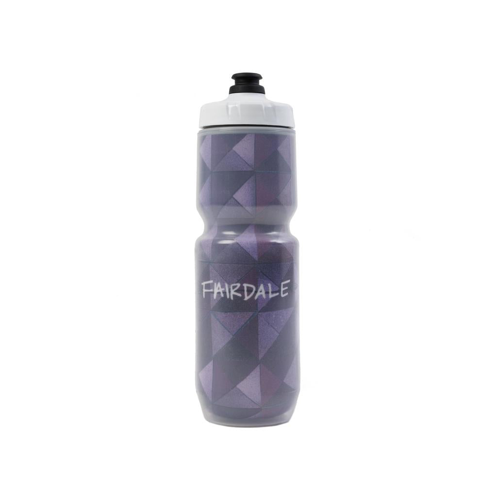 The Fairdale Nora V Water Bottle features a purple geometric pattern, Chromatek liner, black push-pull spout, and "FAIRDALE" in white on the front.