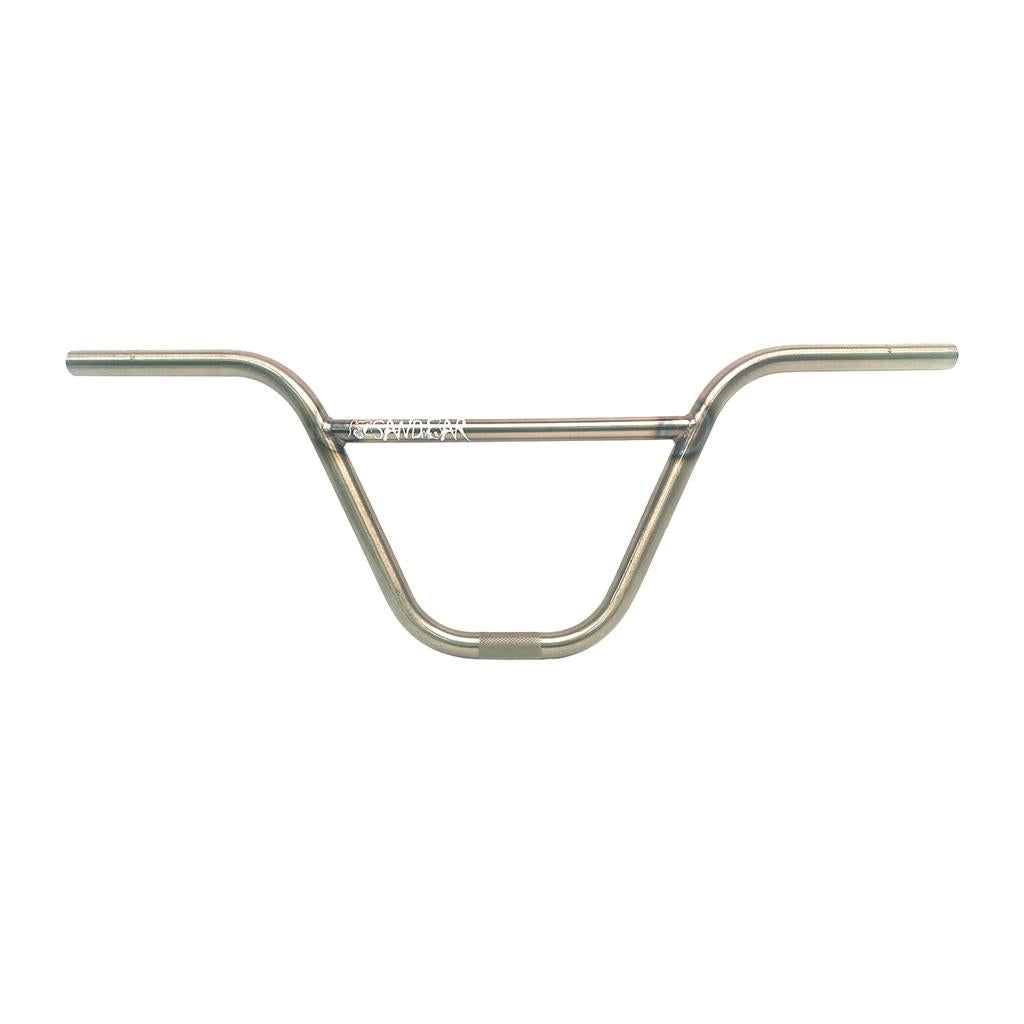 The S&M Sandbar (Dave Krone) Handlebar, with its crossbar made of durable chromoly tubing and a sleek metallic finish, stands out against the pristine white background.