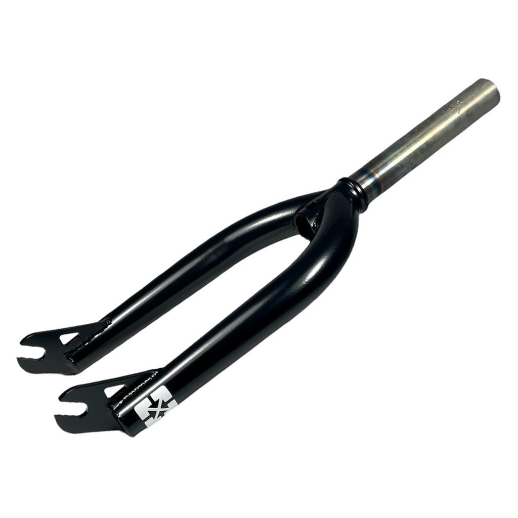 The Fit Bike Co AM 16 Inch Forks are American-made, full-chromoly black bicycle forks with a metal steerer tube and open dropouts, displayed on a white background.