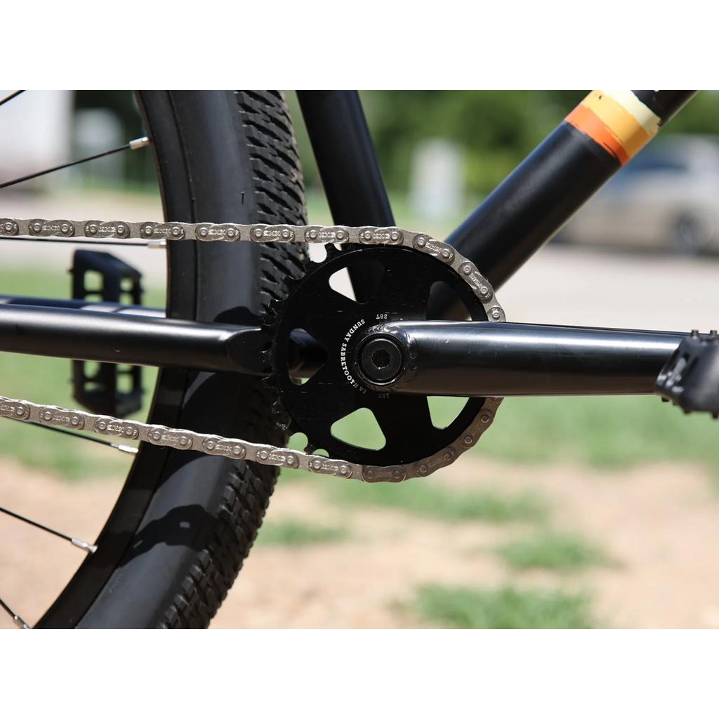 Close-up of the Fairdale Hareraiser FX 26 Inch Bike's crankset, chainring, and chain, showcasing its 4130 chromoly frame with glimpses of the rear wheel and pedal in an outdoor setting.