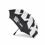 The LUXBMX Race Track Umbrella is black with bold white geometric patterns, double-stitched seams, and "LUXBMX" printed on one panel, shown against a plain white background.