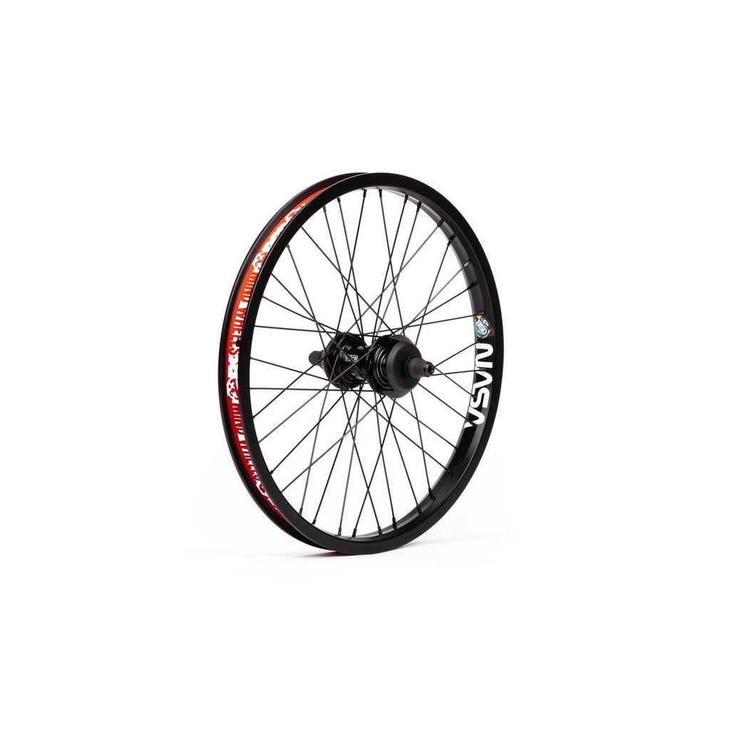 The BSD Mind (NASA/West Coaster) Rear Wheel features black spokes, a black rim with red and white details, a NASA logo, and is equipped with a BSD West Coaster hub, shown here against a white background.