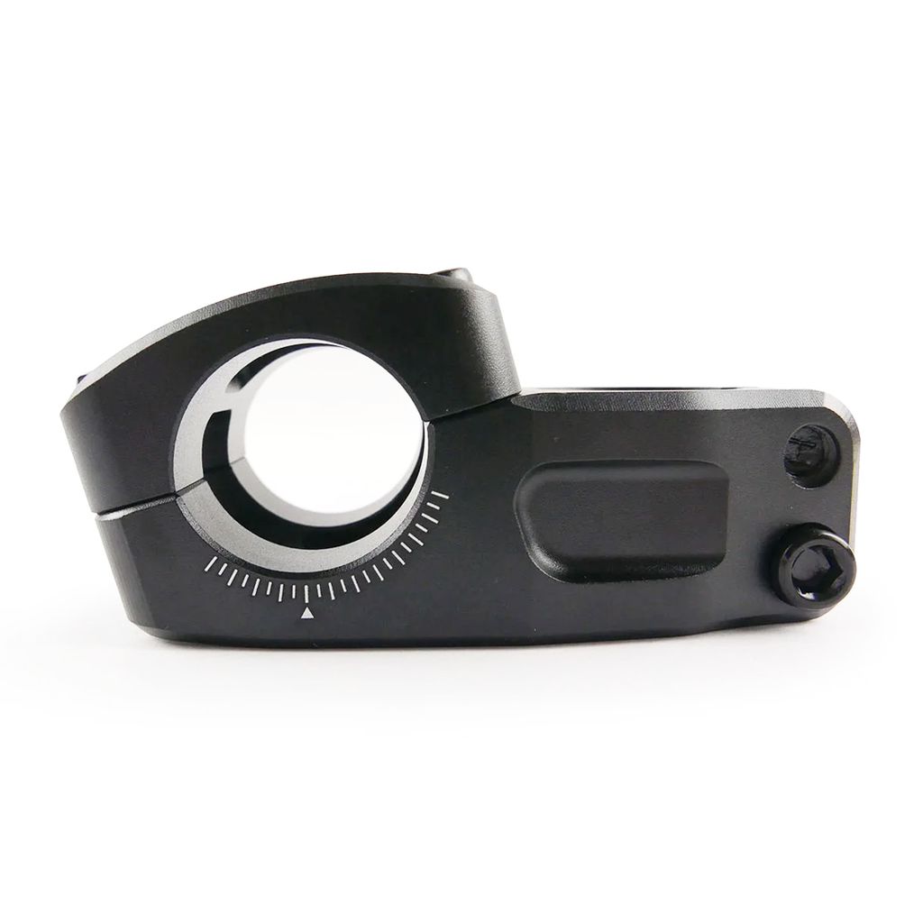 Close-up of the Arise Neon Pro OS Top Load Stem (31.8mm Clamp) in black, CNC machined from 6061-T6 alloy, with adjustment markings, two bolts, and precision machining details.