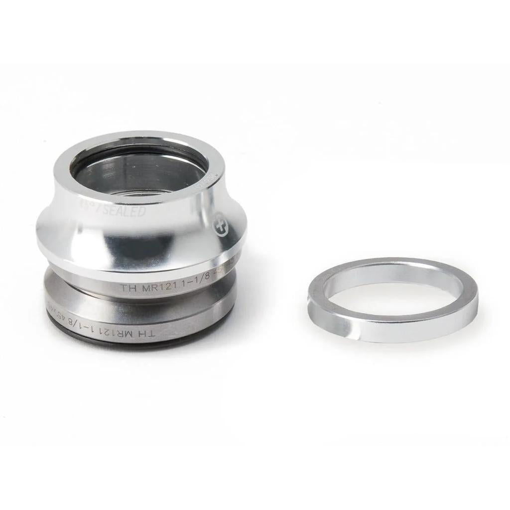 The Salt Plus Echo 16 Integrated Headset features silver and gray sealed bearings, a matching 16mm alloy top cap, and a separate spacer ring, all displayed on a white background.