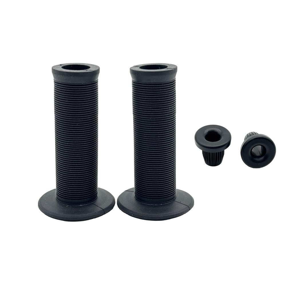 A pair of black DRS Mushroom Grips with a classic mushroom design and flange, plus two matching black bar end plugs, displayed on a white background.