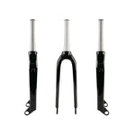 Three views of the Arise Quartz Cruiser Fork, black and silver, displayed from the front, left, and right sides against a white background.