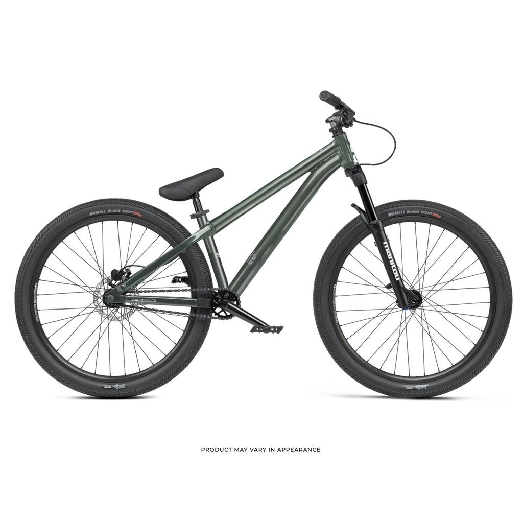 Side view of the Radio Griffin 24 Inch Dirt Jumper Bike in green, featuring flat handlebars, a front suspension fork, and thick tires, displayed on a white background.