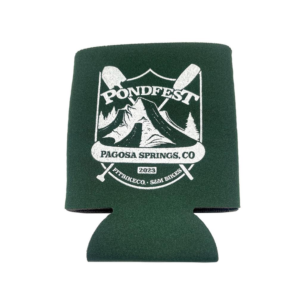 The S&M Pondfest Drink Cooler is a dark green collapsible neoprene koozie with a white "Pondfest Pagosa Springs, CO 2023" logo, featuring paddles, a mountain, and "FUTURECO. S&M BIKES." Made in the USA.