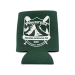 The S&M Pondfest Drink Cooler is a dark green collapsible neoprene koozie with a white "Pondfest Pagosa Springs, CO 2023" logo, featuring paddles, a mountain, and "FUTURECO. S&M BIKES." Made in the USA.