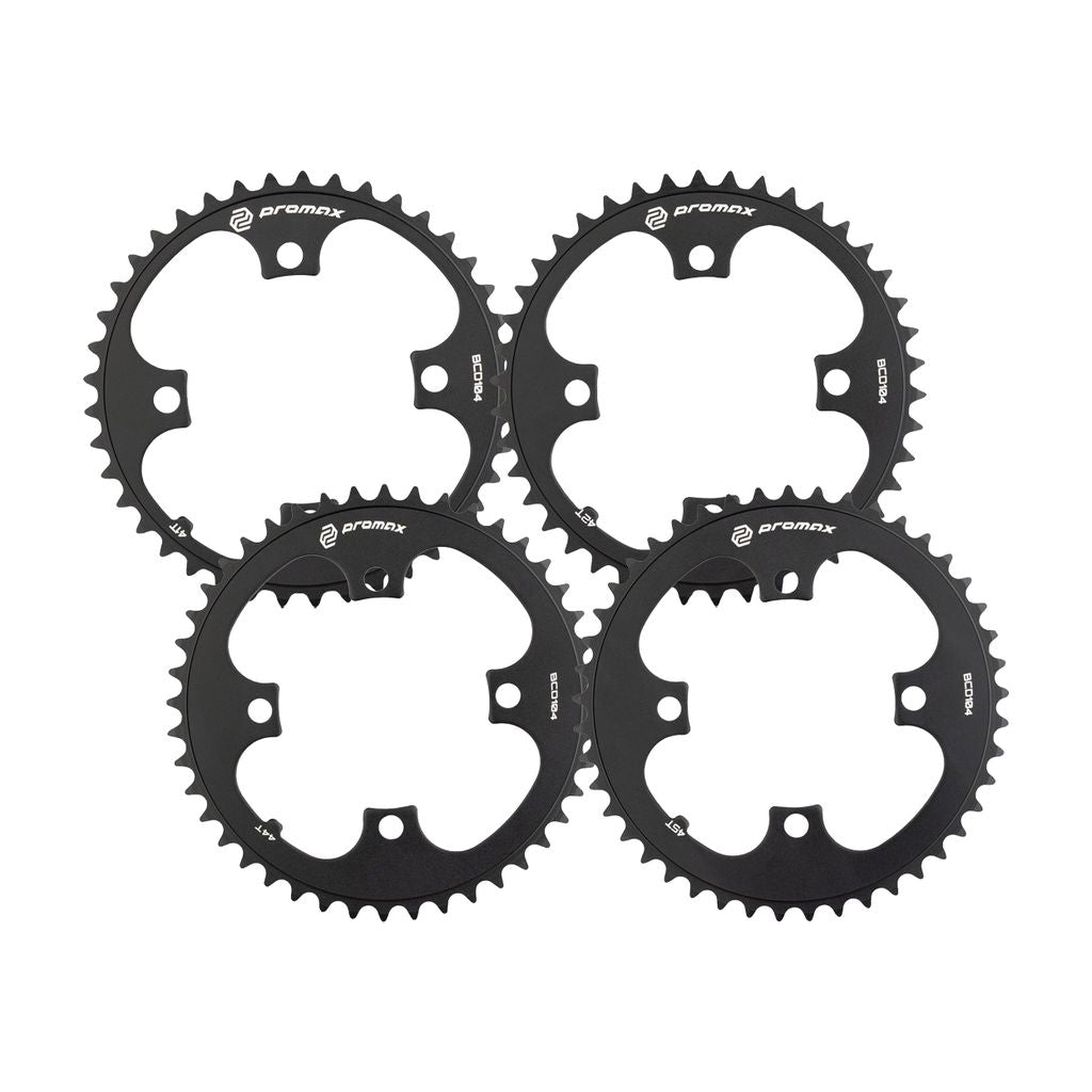 A group of CNC machined black gears, perfect for the BMX race market. These Promax 4-bolt 104 BCD Chainrings include a chainring for optimal performance.