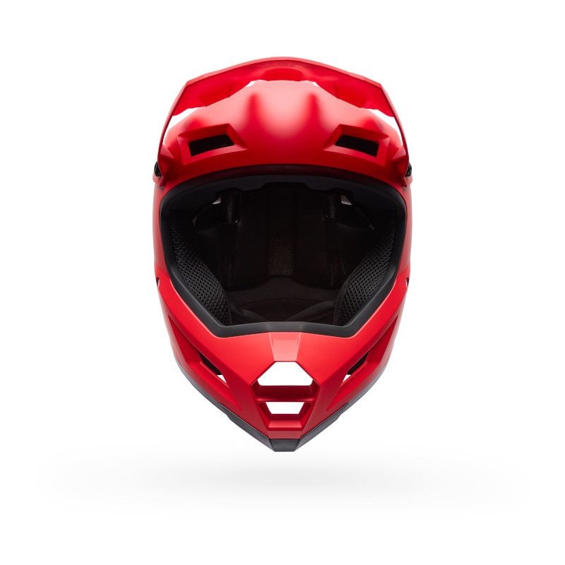 The Bell Sanction 2 Red is a red full-face kids bike helmet, perfect for beginners, displayed from the front on a white background.