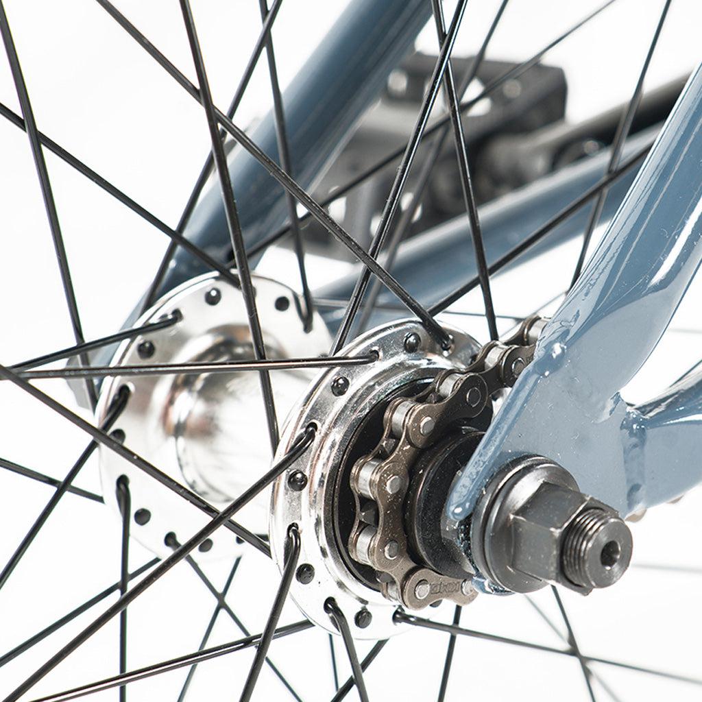 A close up view of a Division Reark 20 Inch Bike wheel and spokes.