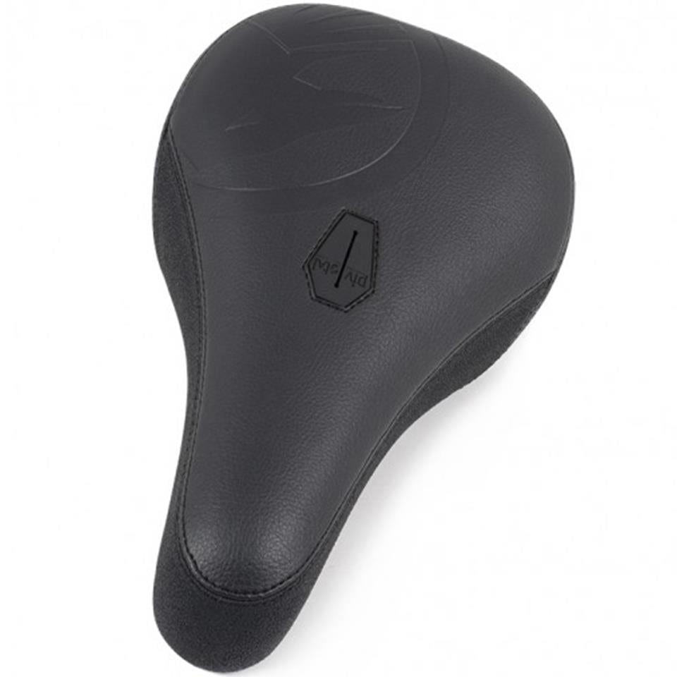 The Shadow Crow'd Pivotal Seat features a black synthetic leather cover with a textured surface and a small geometric logo near the front.