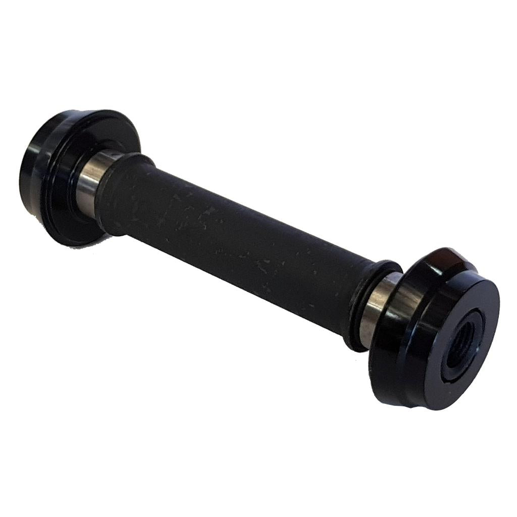 A black cylindrical Eclat Dynamic Axle & Cone Set with flanges and a central metal rod, resembling a replacement axle for an Eclat Dynamic front hub, displayed against a white background.