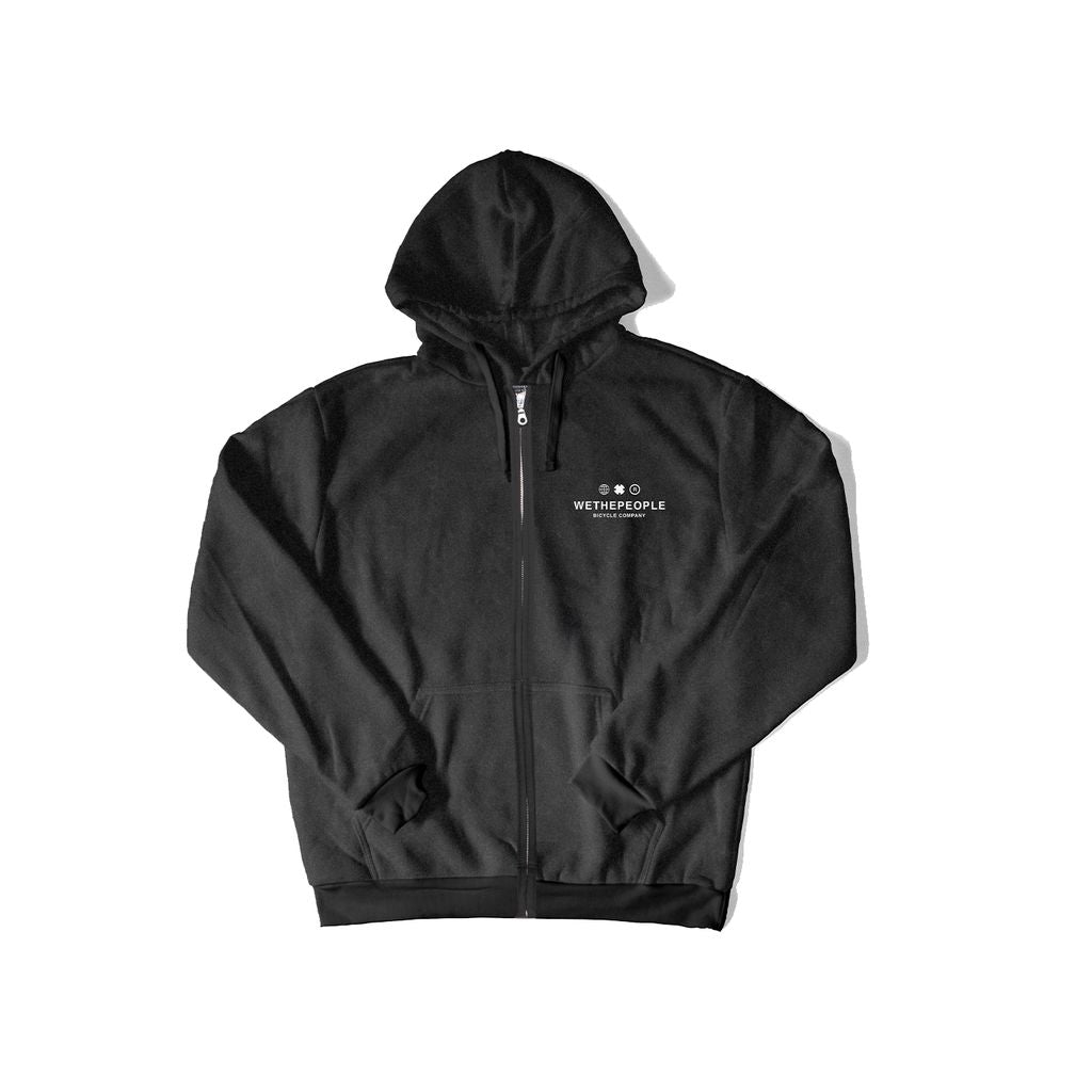 A black hooded zip-up sweatshirt with "WETHEPEOPLE" printed on the left chest area, showcasing the superior quality of Wethepeople SQB Hoodie.