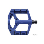 The HT Components Supreme C PA32A Pedals in royal blue feature multiple traction pins and a black spindle, shown side-on to highlight their grippy flat pedal profile.