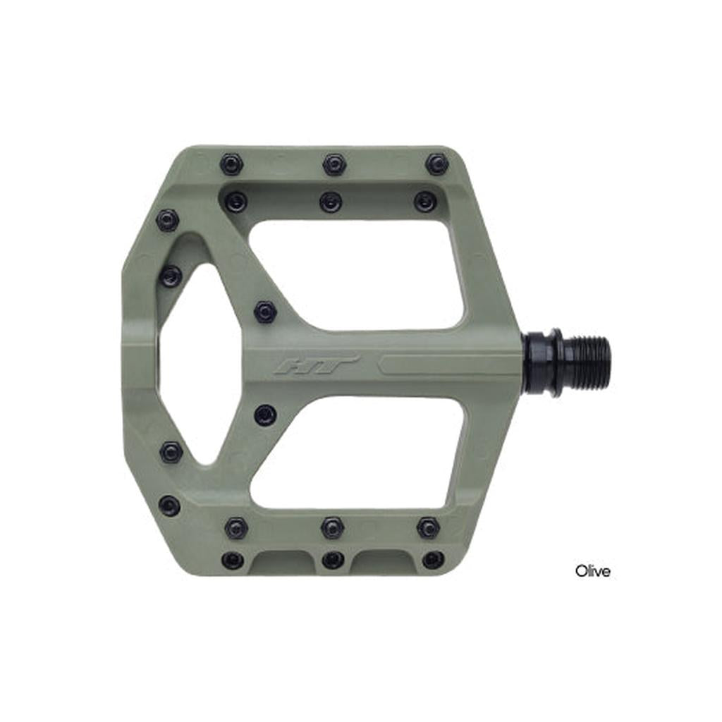 The HT Components Supreme C PA32A Pedals feature an olive green flat platform, a wide surface, multiple replaceable grip pins for traction, and a black threaded spindle.