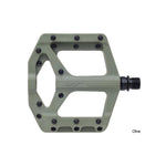 The HT Components Supreme C PA32A Pedals feature an olive green flat platform, a wide surface, multiple replaceable grip pins for traction, and a black threaded spindle.