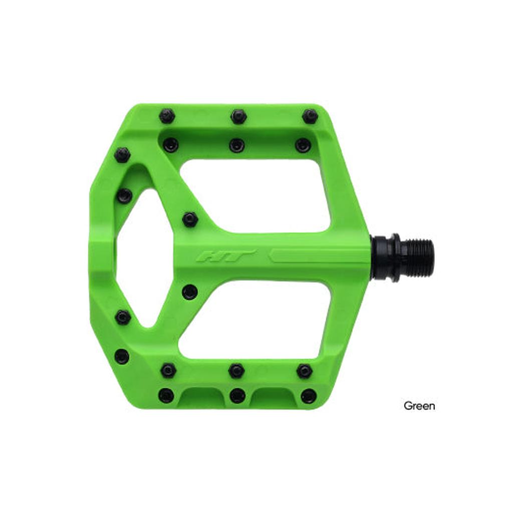 The HT Components Supreme C PA32A Pedals feature a green composite wide platform with multiple replaceable grip pins and a black spindle, delivering durable performance and excellent traction for grippy rides.