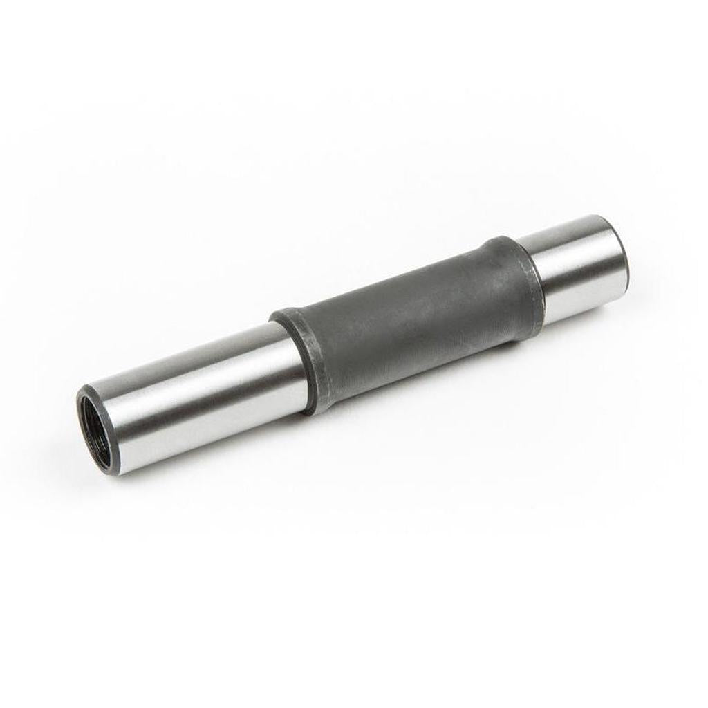A cylindrical metal shaft with a wider black center and narrower silver ends is shown on a white background—ideal as a 14mm BSD Back Street Pro Female Axle.