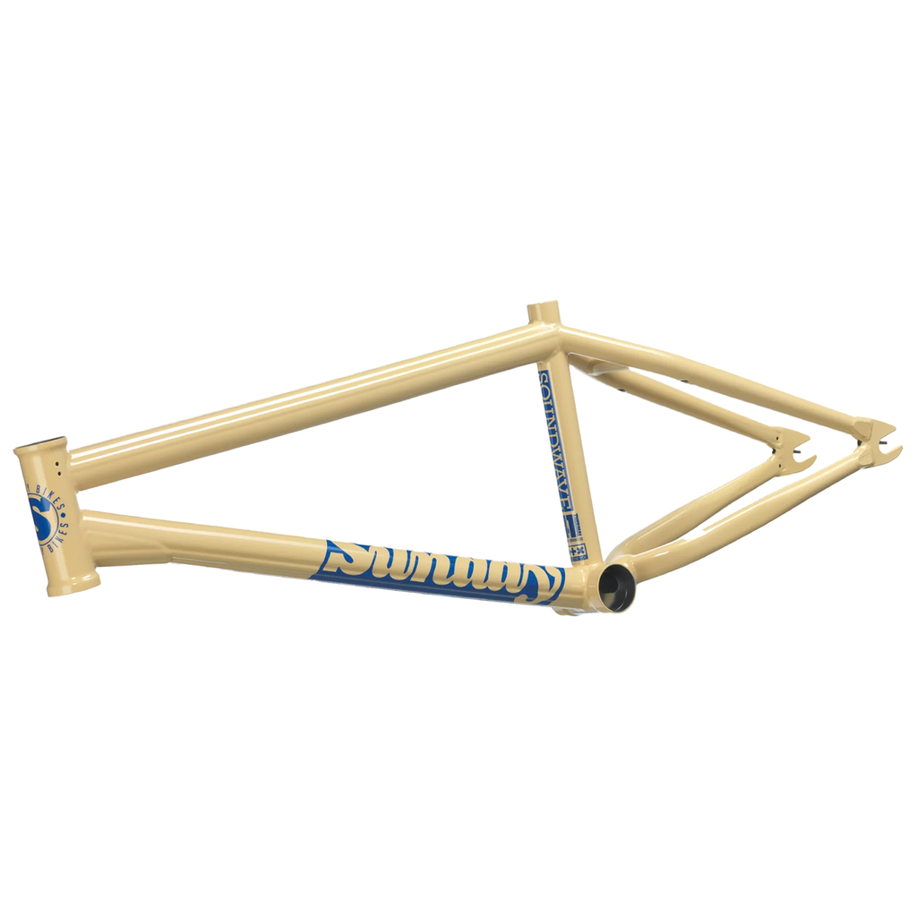 Beige Sunday Soundwave V3 BMX frame with blue "Sunday" logo on the downtube, 41 Thermal heat-treated, shown against a white background.