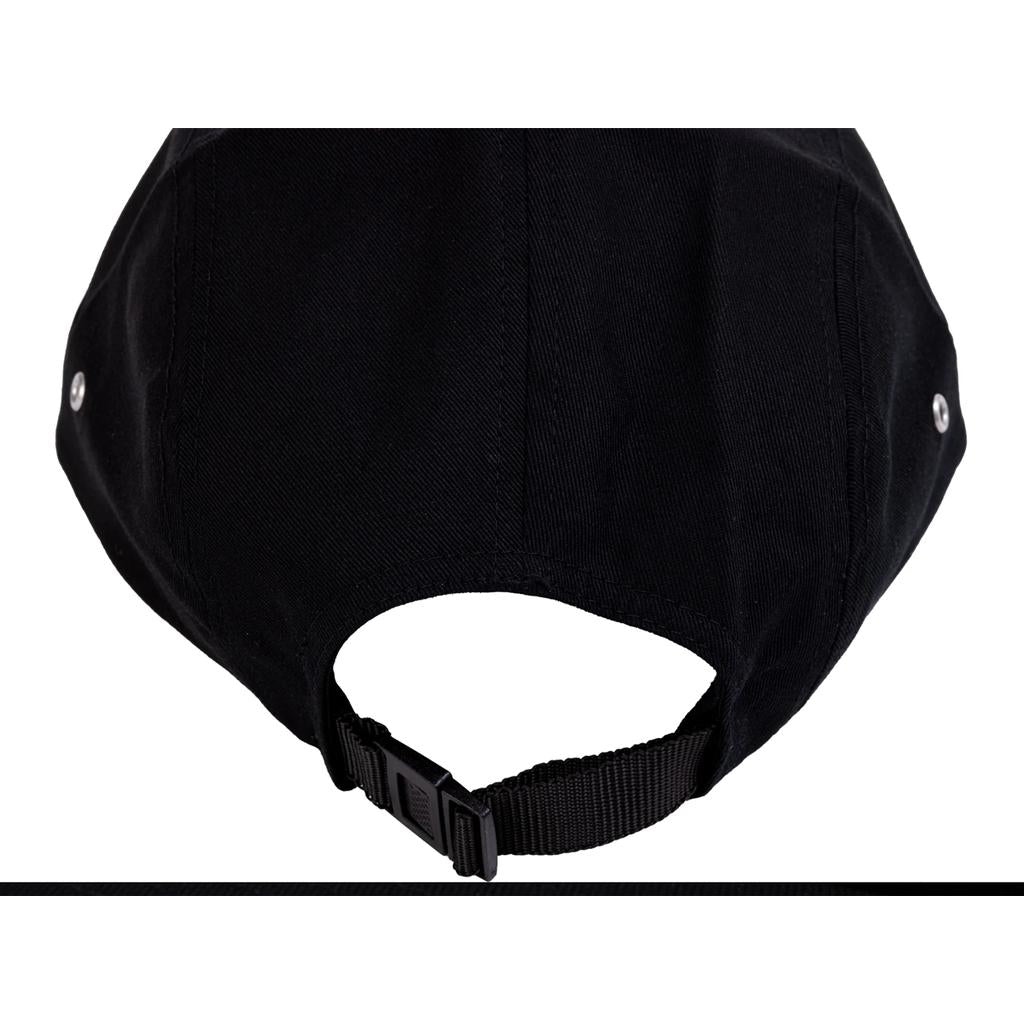 A close-up of the back of the Sunday Classy Scribble Cap, a black 5 panel cap featuring a clip strap with a plastic buckle—perfect for back to school.