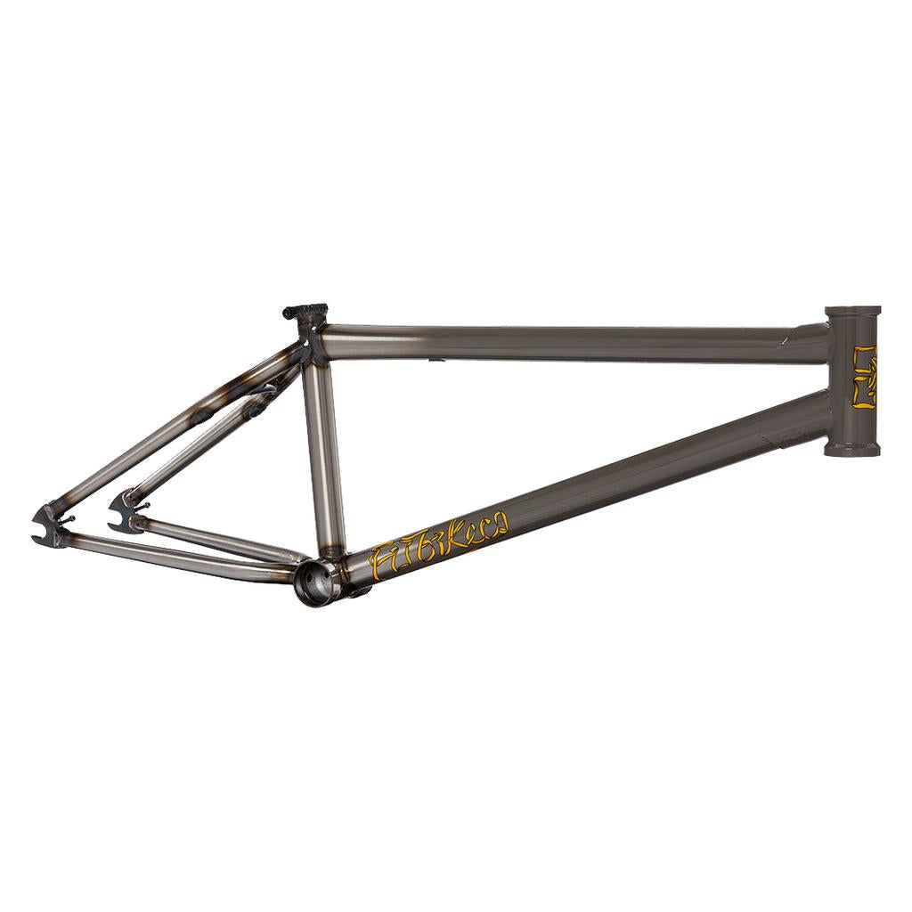 The Fit Bike Co Mixtape V2 Frame is a matte gray BMX frame featuring yellow "FIEND" branding on the down tube and head tube, built with a Thermal X tubeset and shown isolated on a white background.