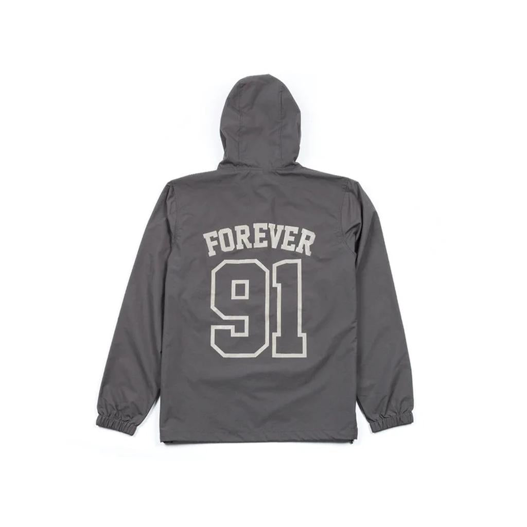 The BSD Athletic 91 Windbreaker Jacket is a gray, waterproof nylon hooded jacket with "FOREVER" and "91" in bold white print on the back, offering lasting comfort and style.