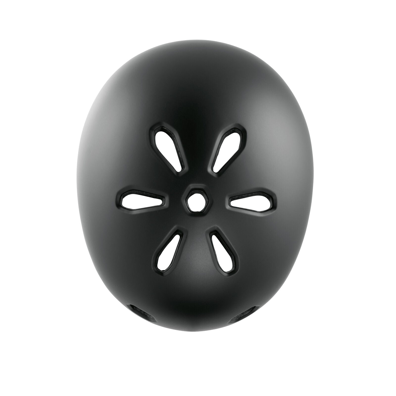 The TSG Meta Helmet Satin Black is a lightweight BMX helmet with in-mold construction, featuring six elongated oval vents arranged circularly around a central round vent when viewed from above.