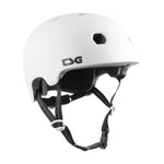 The TSG Meta Helmet in Satin White features ventilation holes, lightweight In-mold construction, adjustable black straps, a Dial Fit System, and buckle for reliable head protection during sports activities.