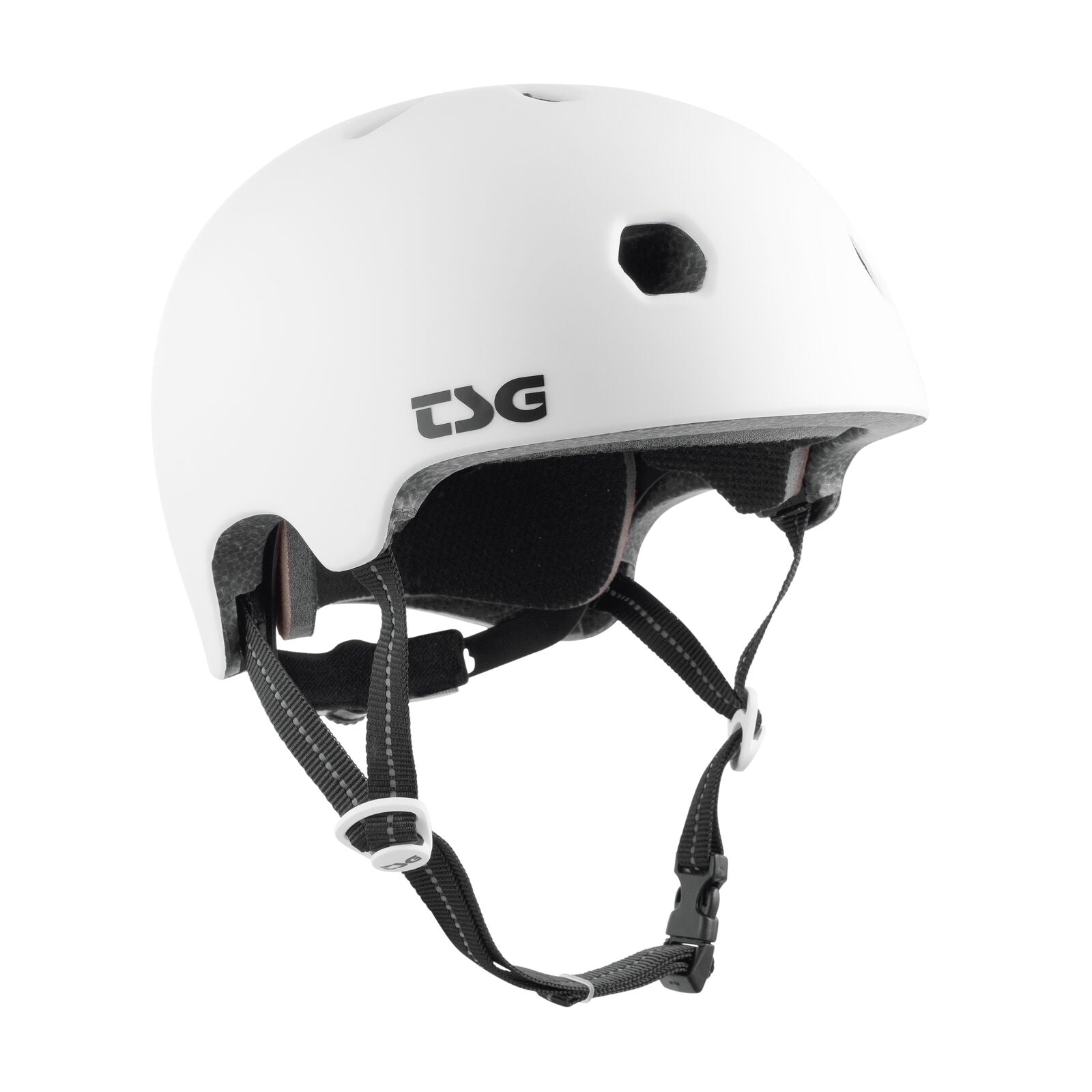 The TSG Meta Helmet in Satin White features ventilation holes, lightweight In-mold construction, adjustable black straps, a Dial Fit System, and buckle for reliable head protection during sports activities.