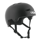 The TSG Evolution Helmet in satin black features a hardshell construction, air vents, adjustable chin strap, Tuned Fit System, and a small side logo.