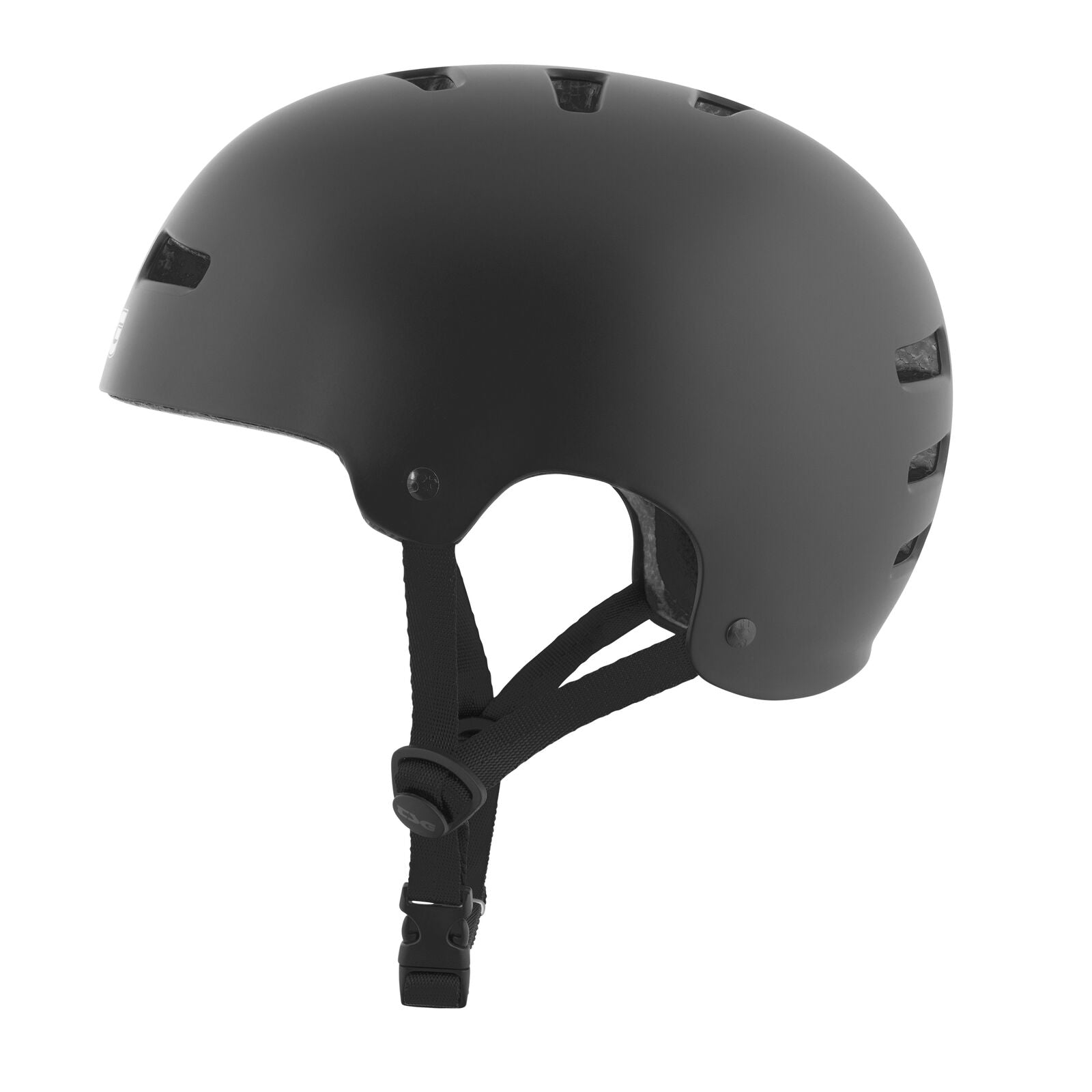The TSG Evolution Helmet in Satin Black is a matte-finish hardshell helmet for biking or skating, offering high-impact protection, ventilation holes, and an adjustable chin strap. Shown from the side against a white background.