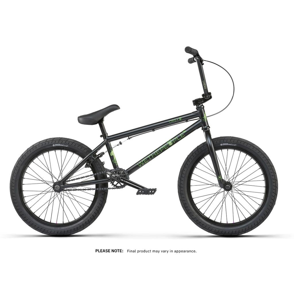 The Wethepeople CRS 20 Inch Bike is a black freestyle BMX with straight handlebars, a padded seat, and green frame accents. It features 20-inch wheels and is shown against a white background.