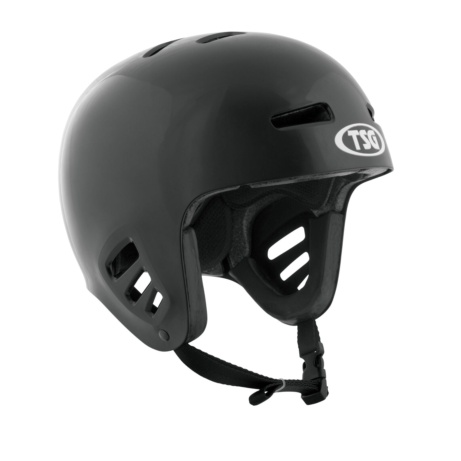 The TSG Dawn Flex Helmet Black features a classic full-cut design, air vents, adjustable chin strap, padded interior with FlexTech construction, and is designed for sports safety.