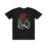 The Fit Bike Co 25 Year T-Shirt is a black tee with an off-white car, trees, buildings graphic, red stylized animal, and lettering—ideal for Fit Bike fans and those who love rider-designed parts.