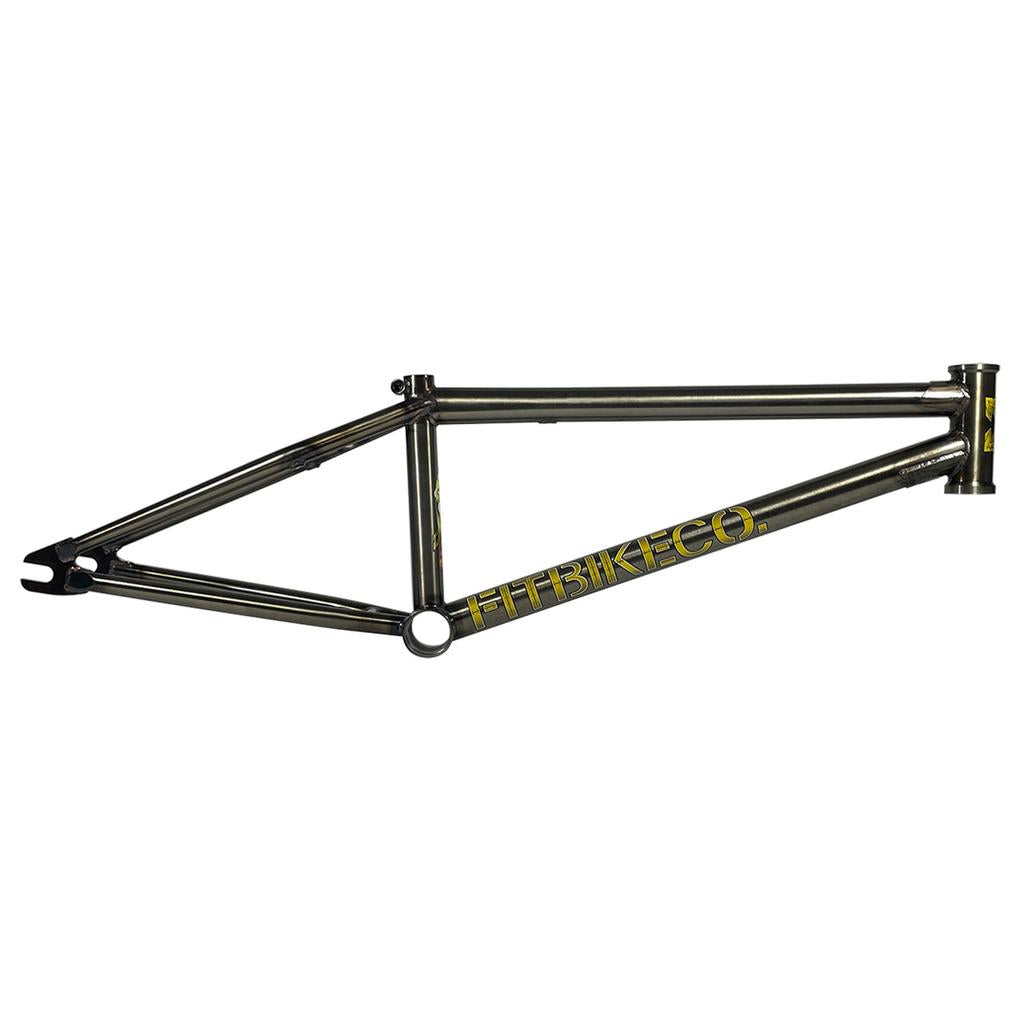The Fit Bike Co Squib 20 Inch Frame features a matte black finish with yellow branding on the main tube. Made from durable chromoly, this sleek BMX frame has welded joints and trails/transition geometry, perfect for smaller riders wanting strong metal construction.