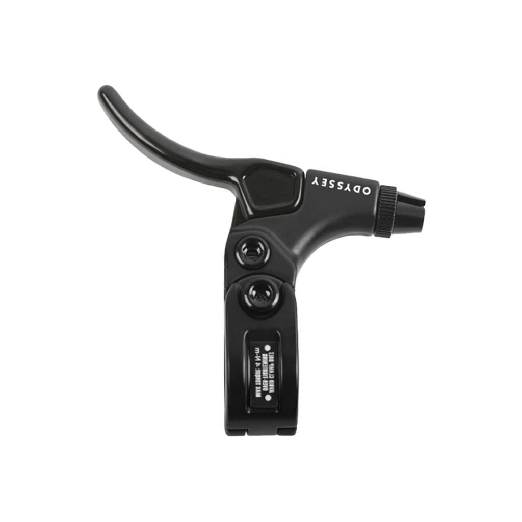 The Odyssey Monolever Short Lever is a black metal BMX brake lever with an adjustment screw, two mounting bolts, a hinged clamp, and visible branding on the body.