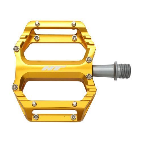 HT Components AR09SX Mini Pedals: gold flat kids BMX pedals with multiple ultra-grippy pins and HT logo, attached to a silver spindle, isolated on a white background.
