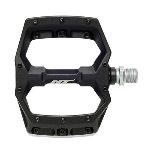 The HT Components AF03 Spider Pedals, in black and silver, feature a wide platform with grip pins and a metal axle, offering lightweight, stable, and controlled performance for your bike.