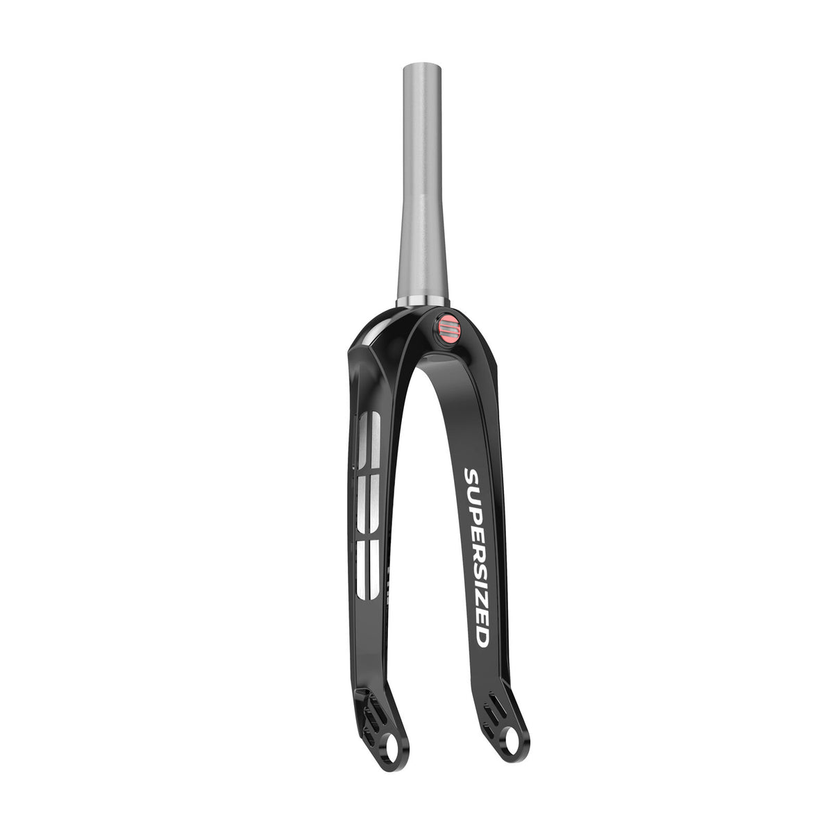 SPP - Pro Tapered Carbon Forks 20 Inch in black and silver, featuring the “SUPERSIZED” text on one blade, showcases a sleek race-geometry design and is displayed against a white background.