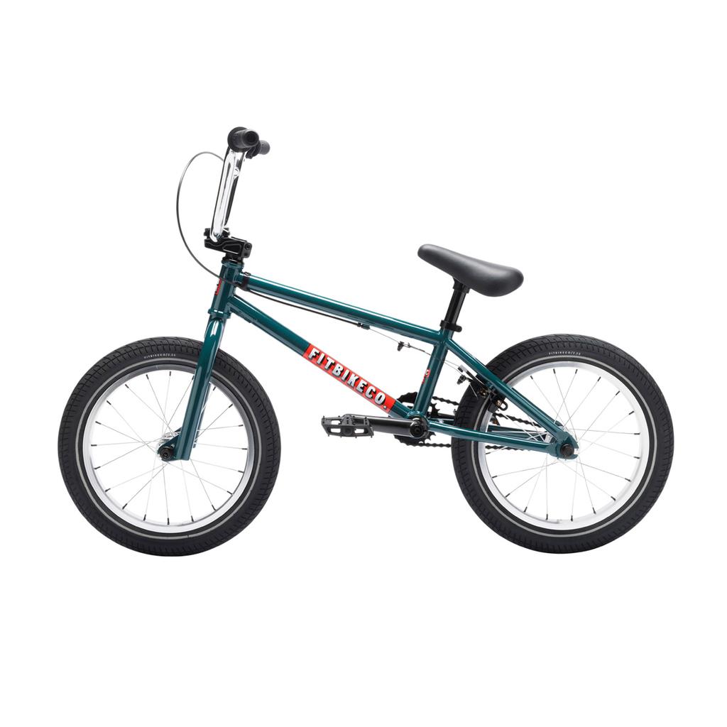 A side profile of the teal Fit Bike Co Misfit 16 kids BMX bike with black seat, handlebars, and tires, and "FITBIKECO" branding on the frame.