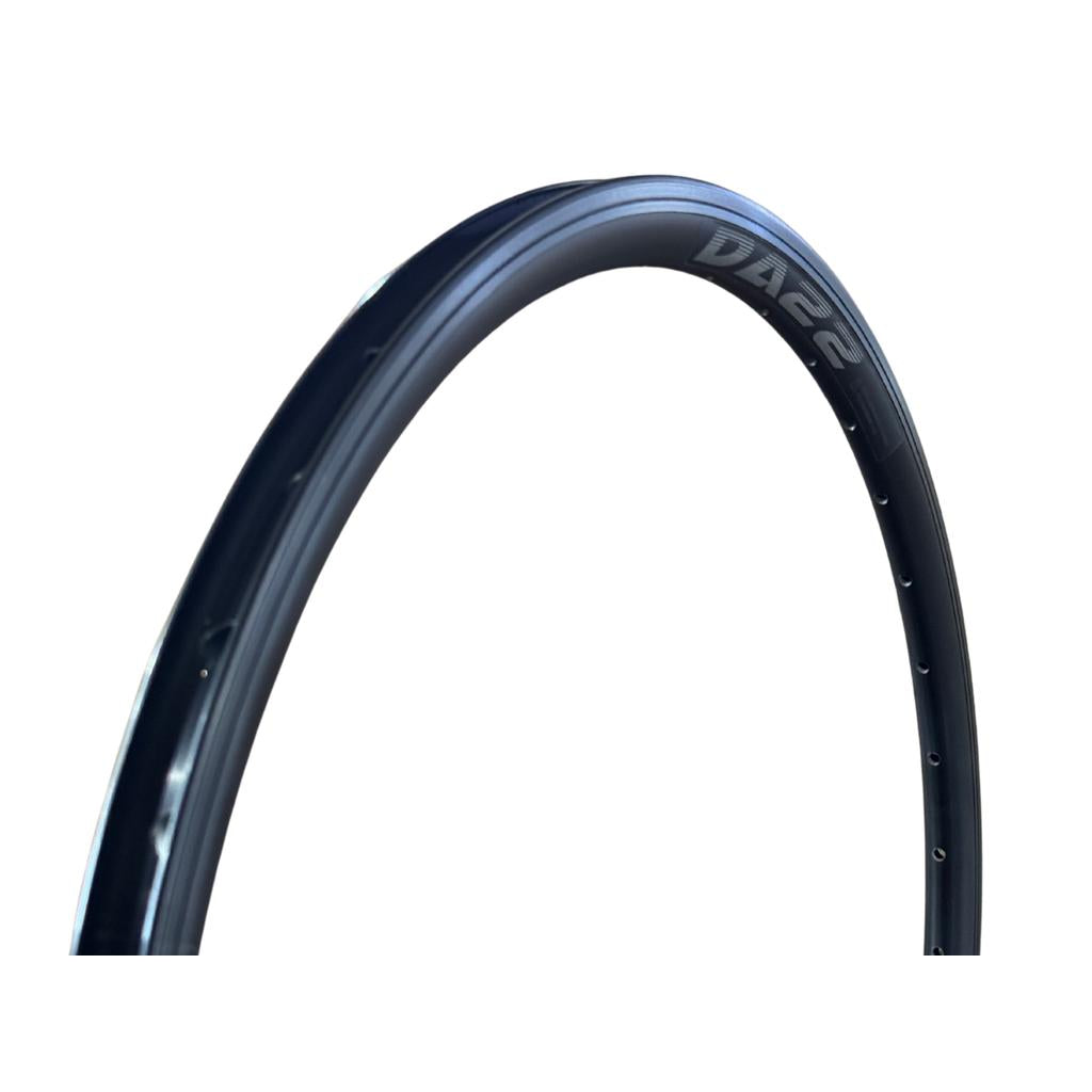 A close-up of an Alex DA22 Rim, a black double wall aero profile rim designed for 20" bikes, set against a white background.