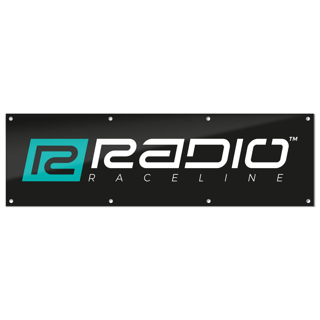 The Radio Raceline Shop Banner is a rectangular black banner featuring the "Radio Raceline" logo in white and teal text with a stylized "R" on the left, ideal as a hanging sign or display for your shop or workshop.